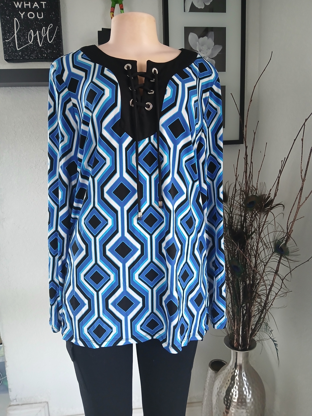 Michael Kors Blue Geometric Lace-Up Long Sleeve Top